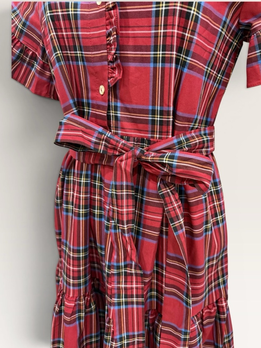 J. MARIE XS HOLLIN BELTED SHORT SLEEVE MIDI DRESS RED TARTAN PLAID NWT $180 - Picture 6 of 15